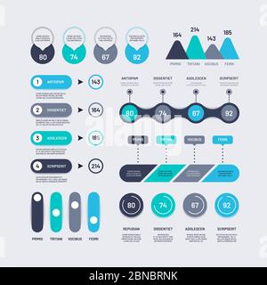 Infographic elements. Bar graphs timelines circle diagram flowchart with percents, number chart and icons. Business vector infographics. Economic chart information, graph and diagram illustration Stock Vector