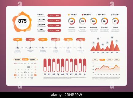 Infographics dashboard. Modern ui with statistics graphs, pie charts, workflow info chart. Website analytics vector template infographic and infochart, data marketing panel interface illustration Stock Vector