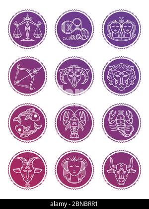 Colorful Zodiac vector astrology line icons isolated on white background illustration Stock Vector