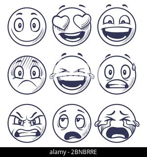 Sketch smiles. Doodle smiley in different emotions. Hand drawn smiling faces, emoticons vector set. Face doodle emotion, smiley emoji sketch Stock Vector