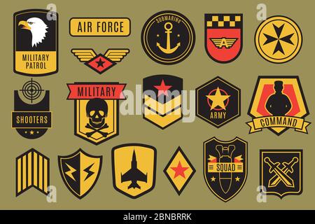 Military badges. Usa army patches. American soldier chevrons with wings and stars. Emblem vector set. Illustration of military emblem, insignia for army patch Stock Vector