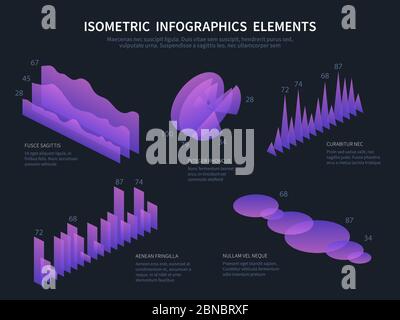 Isometric infographics elemnts. Business graphics, statistics data charts and financial bar diagrams. 3d infographic vector set. Illustration of purple 3d visualization, statistic business Stock Vector