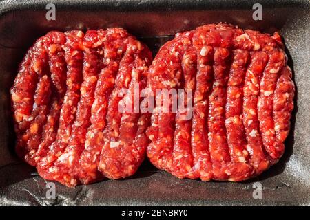 Raw Beef Burgers In A Packaging Tray. Stock Photo
