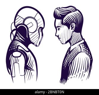 Human vs robot. Conflict of artificial intelligence and human mind. Employee replacement sketch vector concept. Human mind intelligence and artificial robot brain illustration Stock Vector