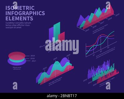 Isometric infographic elements. 3d graphs, bar chart, market histogram and layer diagram. Business presentation vector infographics. Illustration of chart 3d flat, graph design information Stock Vector