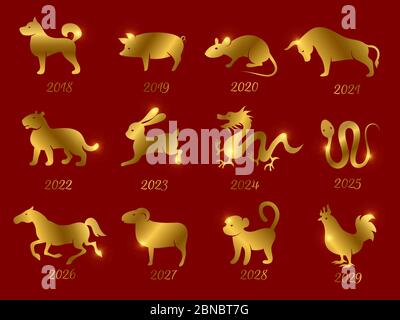 Gold chinese horoscope zodiac animals. Vector symbols of year isolated on red backdrop. Illustration of calendar astrological monkey and rooster Stock Vector