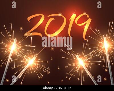 New year eve 2019 background. Merry christmas party invitation vector card with sparklers. Illustration of party and greeting card event Stock Vector