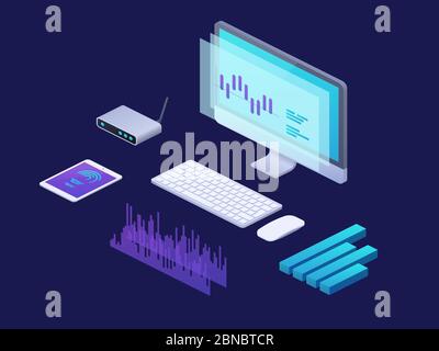 Digital business analytics isometric concept. 3d strategy infographic with laptop, tablet financial charts. Marketing vector design. Illustration of isometric analysis, internet digital statistics Stock Vector