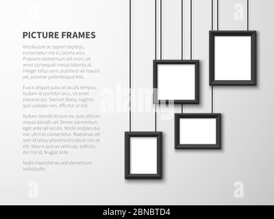 Blank hanging frames. Pictures, photo frames on light wall. Contemporary vector interior. Illustration of interior wall banner with picture frame Stock Vector