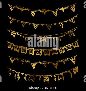 Gold holiday garlands with light bulbs party lights and flags vector set illustration Stock Vector