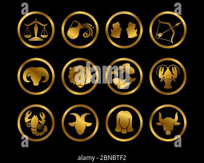 Golden horoscope zodiac vector signs. Astrology symbols set isolated on black background illustration Stock Vector