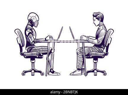 Robot vs man. Human humanoid robot work with laptops at desk. Artificial intelligence, employees replacement sketch vector concept. Illustration of robot vs man, human and ai technology Stock Vector