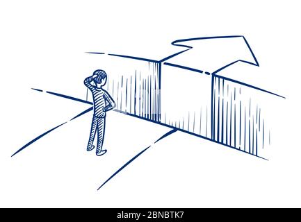 Business challenge concept. Businessman overcomes obstacle chasm on way to success. Hand drawn vector illustration. Achievement and challenge, businessman obstacle overcoming Stock Vector