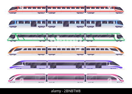 Passenger trains. Modern subway and railway train. City transportation vector set. Train and railway, transport passenger illustration