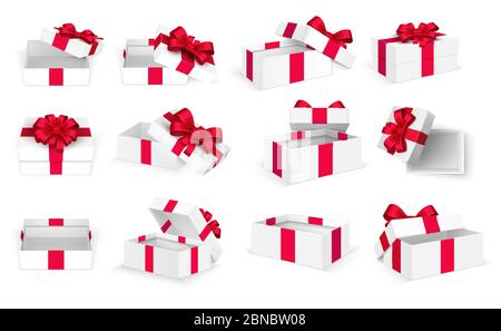 Gift boxes. White open present empty box with red bow and ribbons. Christmas and valentine day vector template. Illustration of cardboard box with bow ribbon Stock Vector