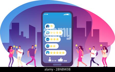 Customer review and feedback. Five stars rating on smartphone screen and clients. Online survey, customers satisfaction vector concept. Illustration of rating review, feedback customer service Stock Vector
