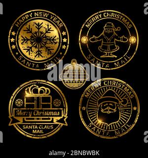 Vintage christmas postage stamps vector set - Santa Mail golden stamps illustration Stock Vector