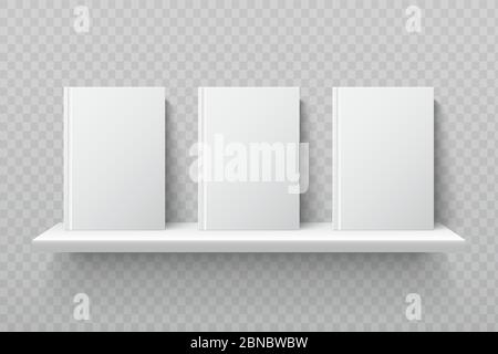 White books on bookshelf. Empty school textbooks in modern office interior vector mockup. Bookshelf for library, shelf for books education illustration Stock Vector