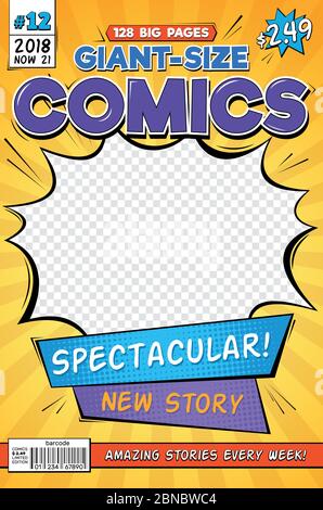 Comic book cover. Vintage comics magazine layout. Cartoon title page vector template. Comic book anf front page magazine illustration Stock Vector