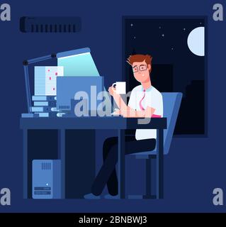 Work late concept. Man at night in office with pile of paper and laptop. Business vector background. Illustration of business man in office Stock Vector