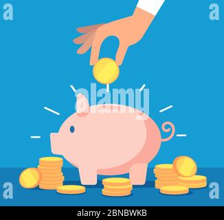 Piggy bank. Money box with falling gold coins. Deposit banking account and cash vector business concept. Illustration of savings dollar, piggybank and moneybox investing Stock Vector