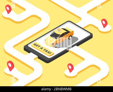 Taxi concept. Isometric yellow car cab riding for client on map. Taxi service app vector background. Taxi city, cab street, yellow automobile illustration Stock Vector