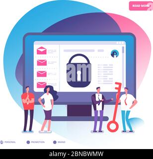 Email encryption. Internet data protection, business assets security system. Email encrypted and online backup service vector concept. Computer security and protection, network email illustration Stock Vector