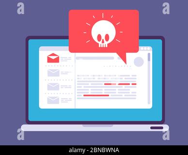 Laptop virus alert. Malware trojan notification on computer screen. Hacker attack and insecure internet connection vector concept. Illustration of internet virus malware Stock Vector