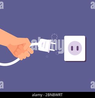 Disconnected plug. Connection or disconnection of electricity with wire plug and socket. 404 error, page not found vector concept. Electric disconnect wire, electricity socket and plug illustration Stock Vector