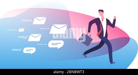Escape plenty notifications. Frightened busy businessman run away from clients feedback emails. Email pursuit man vector concept. Many notification message, bubble note spam illustration Stock Vector