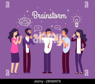 Brainstorming people. Man and woman talking and thinking. Team generates creative idea. Business meeting vector concept. Illustration of business team meeting, office group teamwork communication Stock Vector