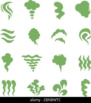 Smell icons. Steaming stench, vapor and cooking steam. Green expired food odor isolated symbols. Green smell smoky, aroma mist and shitty toxic illustration Stock Vector