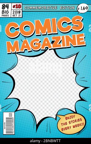 Comic book cover. Retro cartoon comics magazine. Vector template in pop art style. Magazine cartoon book, commemorative edition illustration Stock Vector
