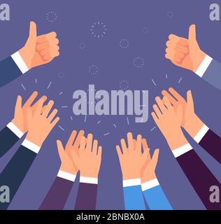 Hands clapping. Thumbs up and applause gestures. Congratulation, appreciation and business success vector concept. Illustration of people support and like thumb, up, applause hand Stock Vector