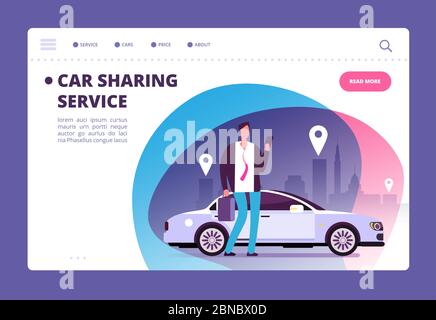 Car sharing concept. Businessman with smartphone at car on city street. Parking service website vector template. Illustration of online transport service rent Stock Vector