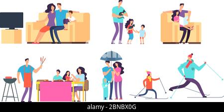 Family in daily activities. Mother, father and kids spending time together at home and outdoor. Vector cartoon characters. Illustration of family together daily, child daughter and son Stock Vector