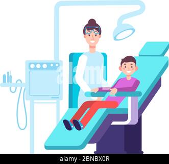 Dentist and kid patient. Doctor exams childs teeth in dental office. Dentistry, oral hygiene and stomatology vector concept. Kids dental, patient and doctor, specialist healthcare teeth illustration Stock Vector