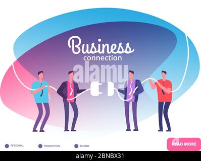 Business teams connect plug. Businessmen connecting connectors. Cooperation and team growth vector concept. Connect work team people, communication and partnership teamwork illustration Stock Vector