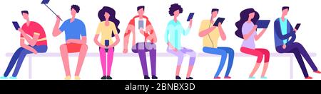 People with gadgets sitting on bench. Men and women with cell phone meeting outdoor. Cartoon student vector characters. Illustration of man and woman with gadget mobile using Stock Vector