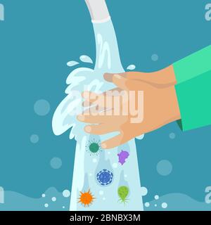 Kid washing hands. Clean hand without germs and bacterias under faucet. Childrens handwashing, virus protection vector concept. Illustration of hand wash water, care health and hygiene prevention Stock Vector