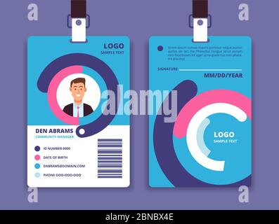 Corporate id card. Professional employee identity badge with man avatar. Vector design template. Id card identity, corporate business template badge pass illustration Stock Vector