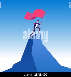 Businessman with flag on mountain peak. Man climbing up with red flag. Goal achievement, leadership and career growth vector concept. Man with flag on business top mountain illustration Stock Vector