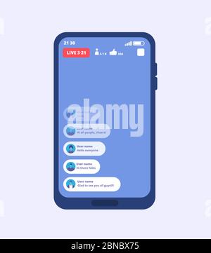 Smartphone live video stream. Streaming videos on cellphone with ui inspired by facebook. Vector template video broadcast, play multimedia stream, online smartphone stream illustration Stock Vector
