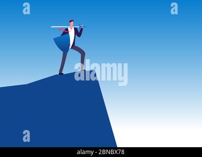 Business warrior. Businessman conqueror with sword on mountain top. Leadership, power and business protection vector concept. Illustration of businessman warrior with sword Stock Vector