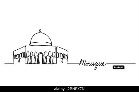 Al-Aqsa, Dome on Rock Mosque hand drawn vector outline, sketch. One, continuous line drawing contour, outline with lettering Mosque Stock Vector