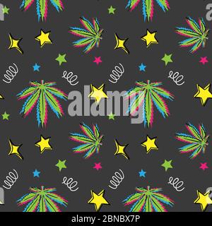 Weed leaf dark pattern. Glitch cannabis, marijuana, hemp, weed pattern in memphis design Stock Vector