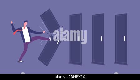 Breaking door. Powerful businessman overcomes barriers, roadblock. Brute force and challenge vector concept. Illustration of businessman break door, ability and triumph Stock Vector