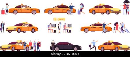 People and taxi. Cab drivers passenger and car in ride. Taxi service isolated icons. Taxi service car, transportation customer illustration Stock Vector