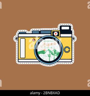 Vintage adventure badge patch with mountains, cactus, desert inside the camera and quote - Someone in Arizona loves me. Camping retro label. Stock Stock Vector