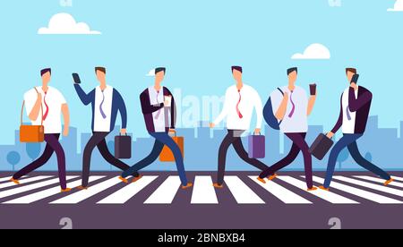 People on crosswalk. Businessmen walking city street. Business vector concept. Business man on crosswalk city illustration Stock Vector